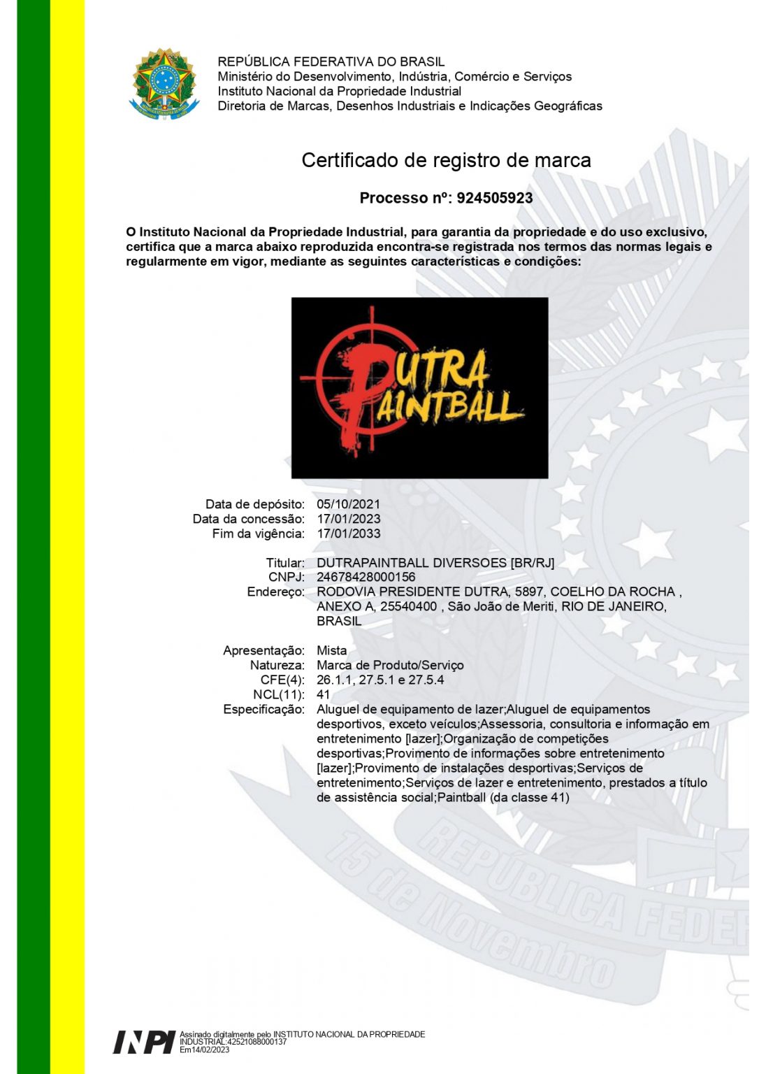 DUTRA PAINTBALL MARCA REGISTRADA CLASSE 41 Arena Marcas e Patentes